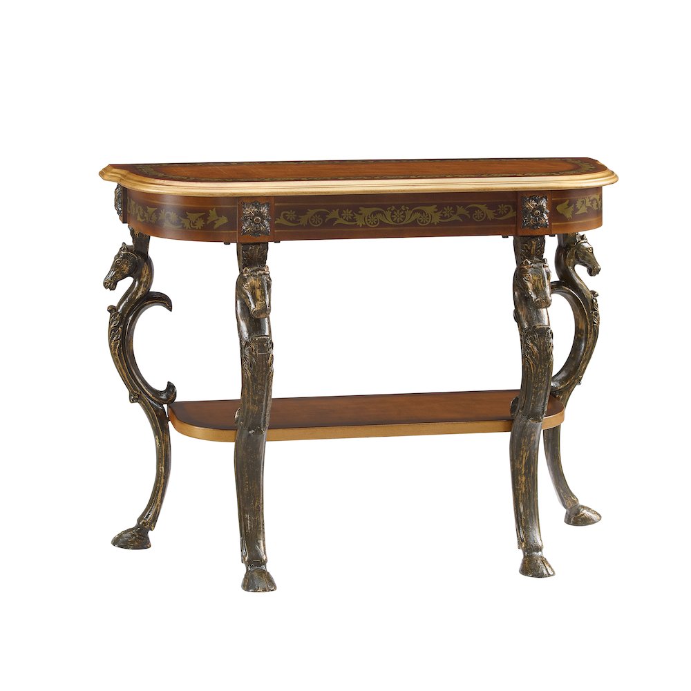 Masterpiece Floral Demilune Console Table with Horse head, Hoofed-foot Cast Legs & Display Shelf. Picture 1