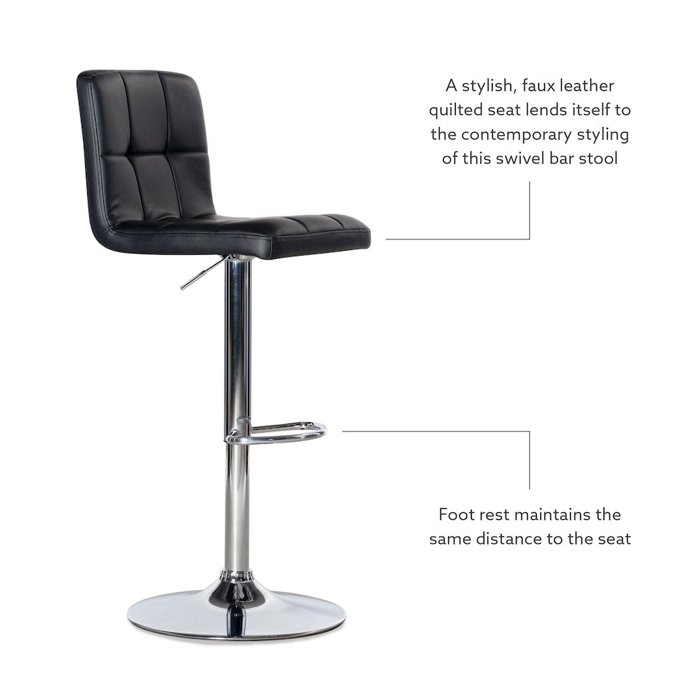 Black Quilted Faux Leather & Chrome Adjustable Height Bar Stool. Picture 12