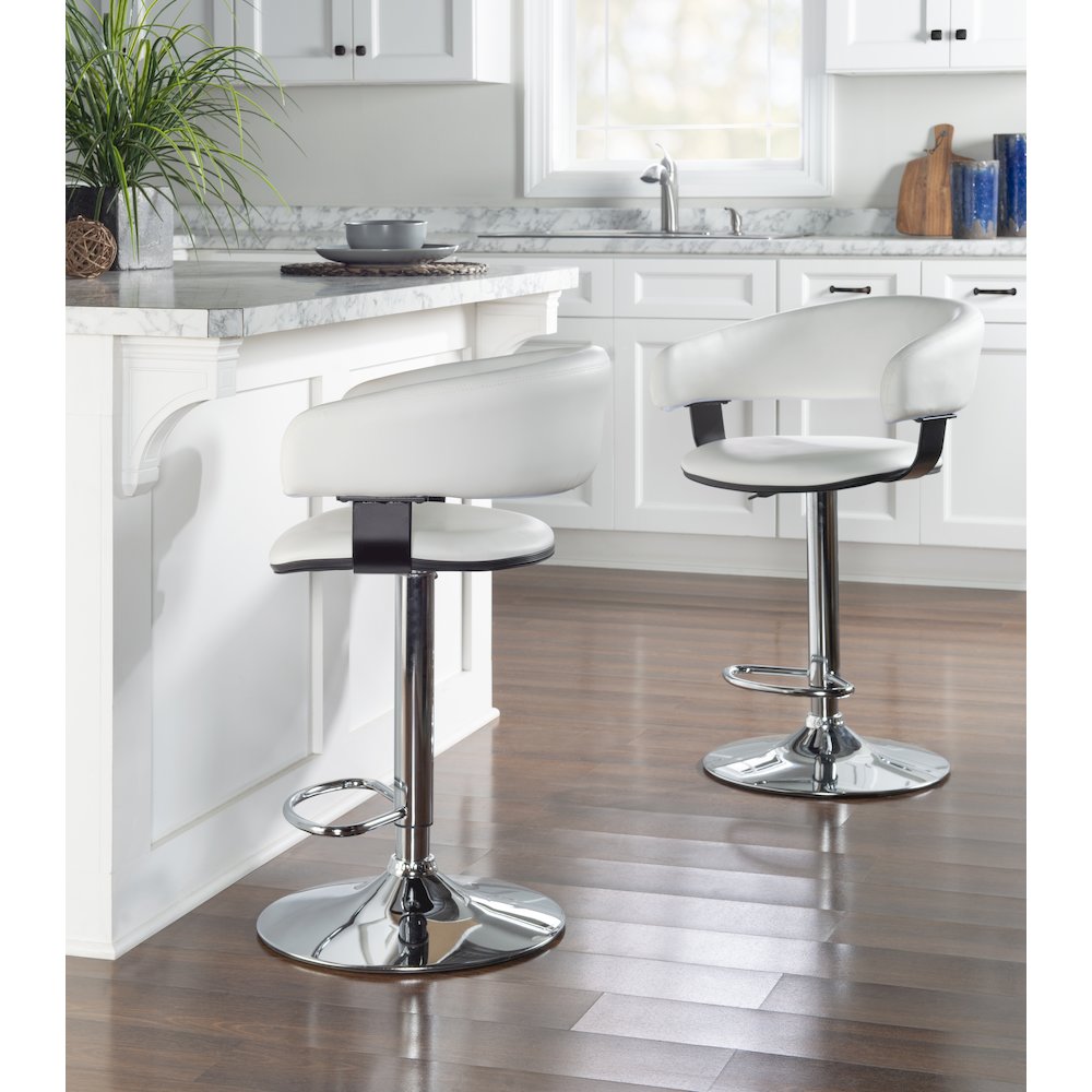 White Faux Leather Barrel & Chrome Adjustable Height Bar Stool. Picture 4