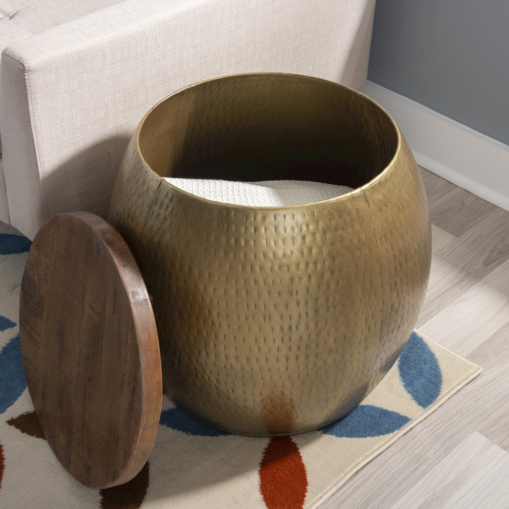 Royce Drum Side Table With Storage Brass. Picture 5