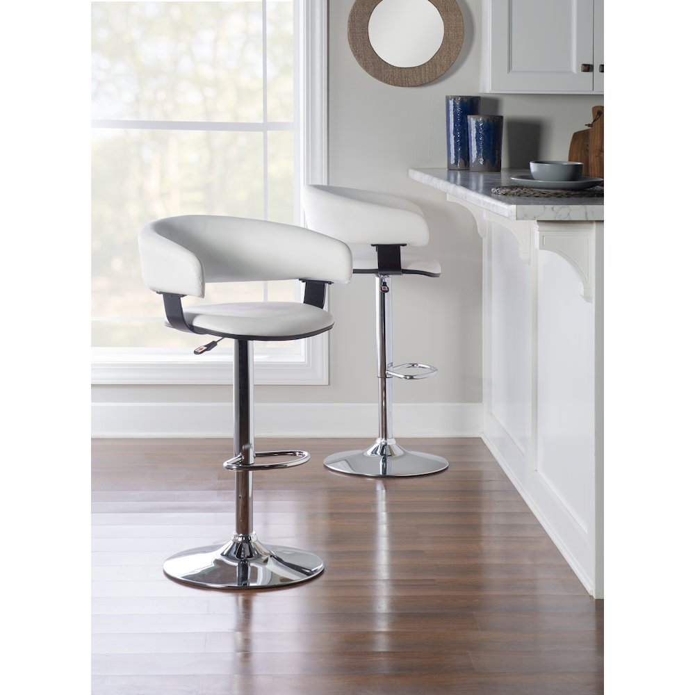 White Faux Leather Barrel & Chrome Adjustable Height Bar Stool. Picture 2