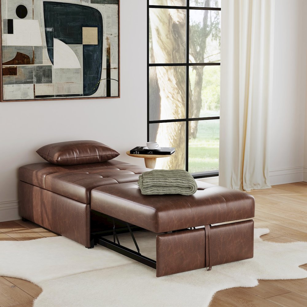 Boone Sofa Bed, Brown Faux Leather. Picture 6
