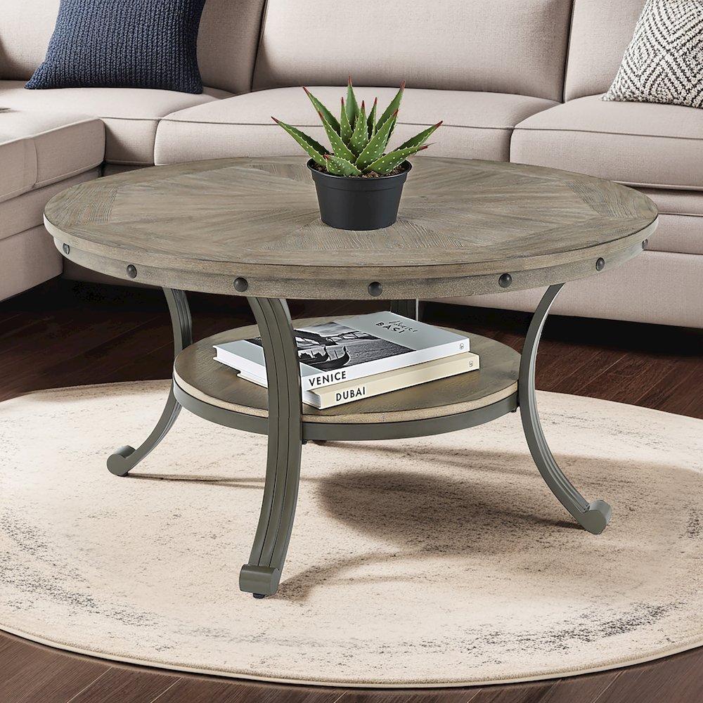 Franklin Metal and Wood Round Coffee Table Pewter. Picture 3