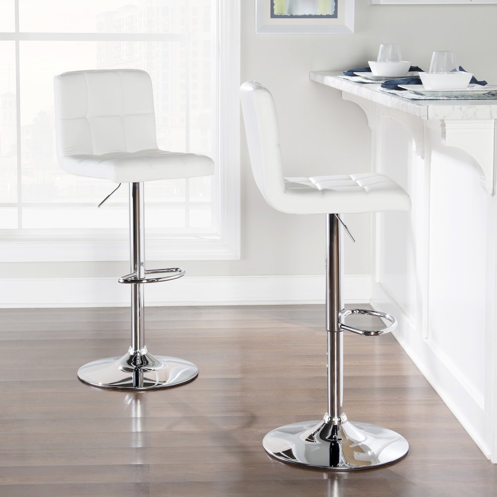 White Quilted Faux Leather & Chrome Adjustable Height Bar Stool. Picture 3