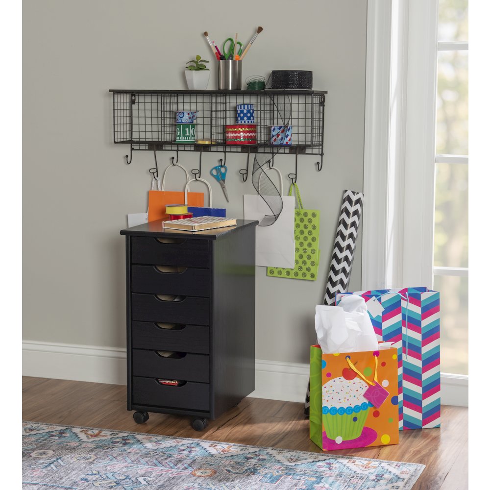 Cary Black Six Drawer Rolling Storage Cart Black. Picture 7