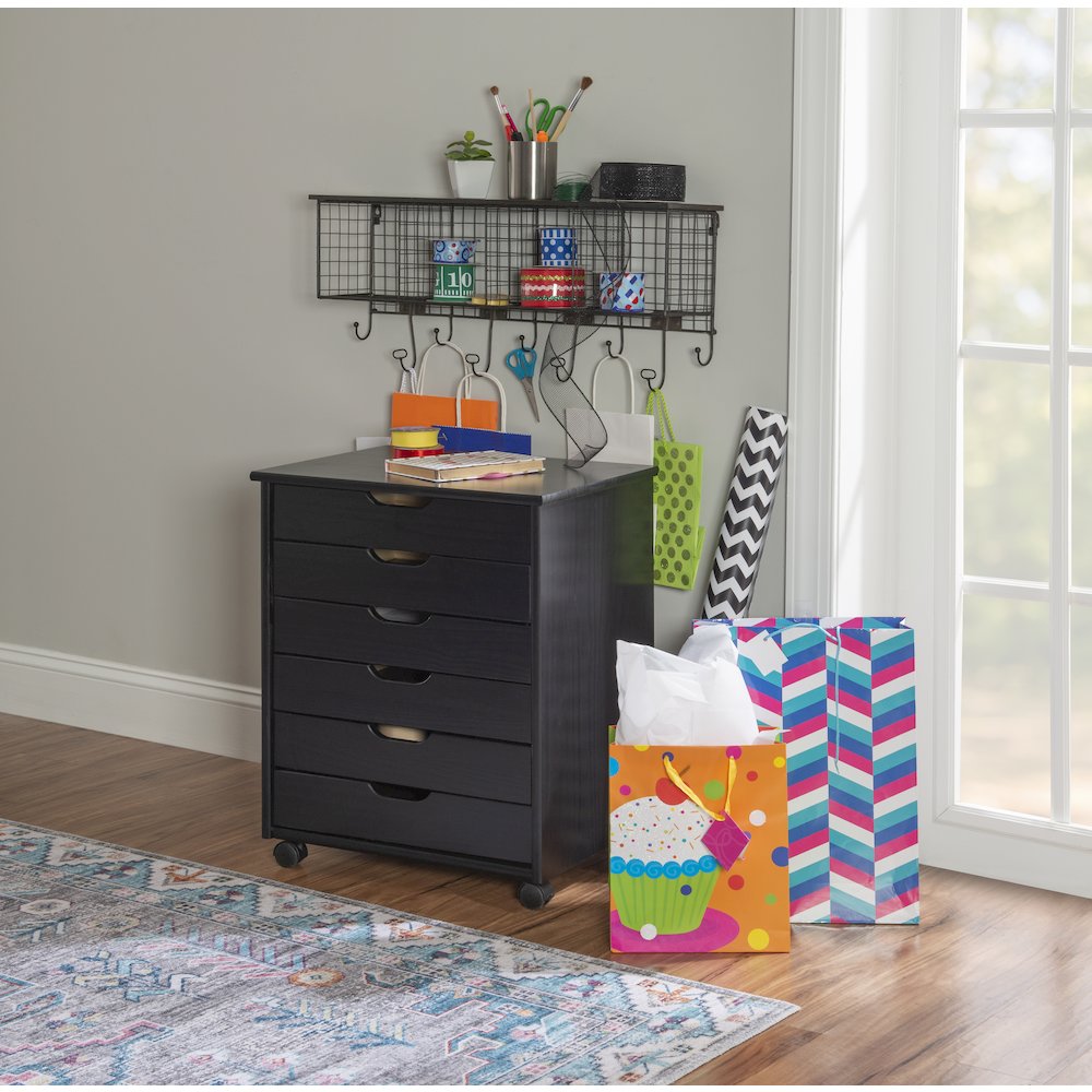 Cary Black Six Drawer Wide Rolling Storage Cart Black. Picture 3