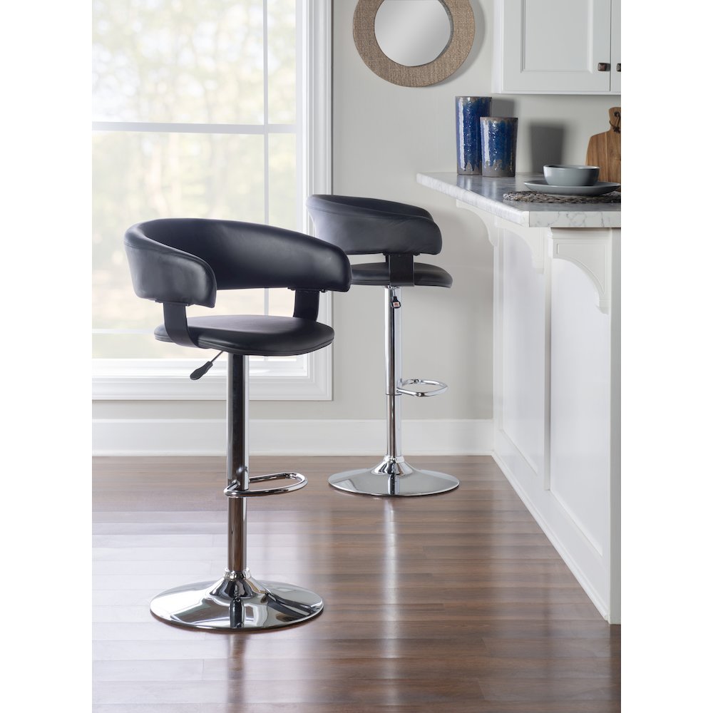 Black Faux Leather Barrel & Chrome Adjustable Height Bar Stool. Picture 3