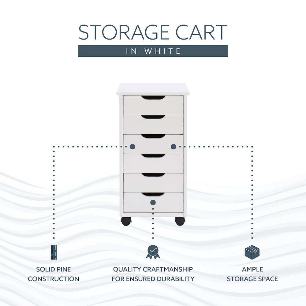 Cary Six Drawer Rolling Storage Cart, White Wash. Picture 14