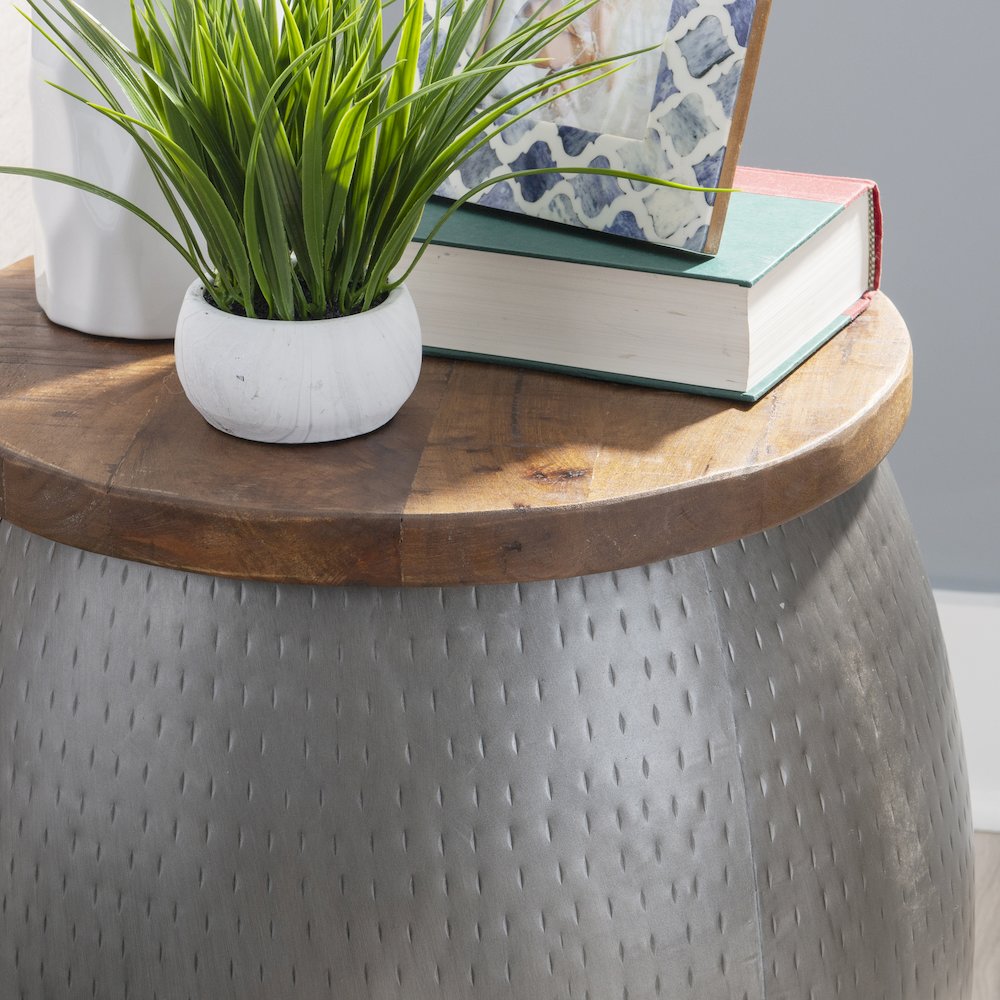 Royce Drum Side Table With Storage Pewter. Picture 3
