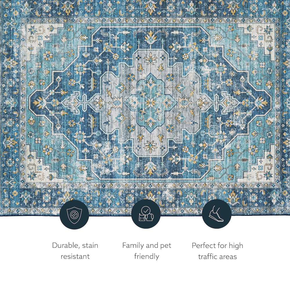 Washable Sariah Teal/Ivory 2x8, Rug. Picture 4