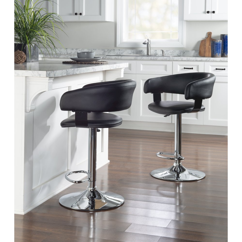 Black Faux Leather Barrel & Chrome Adjustable Height Bar Stool. Picture 5