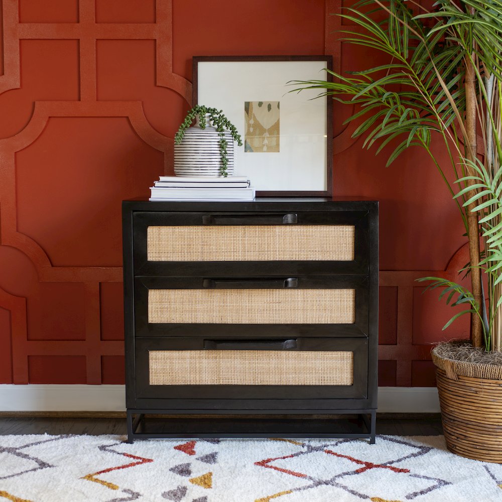 Janie Rattan Cabinet Three Drawers Black. Picture 2
