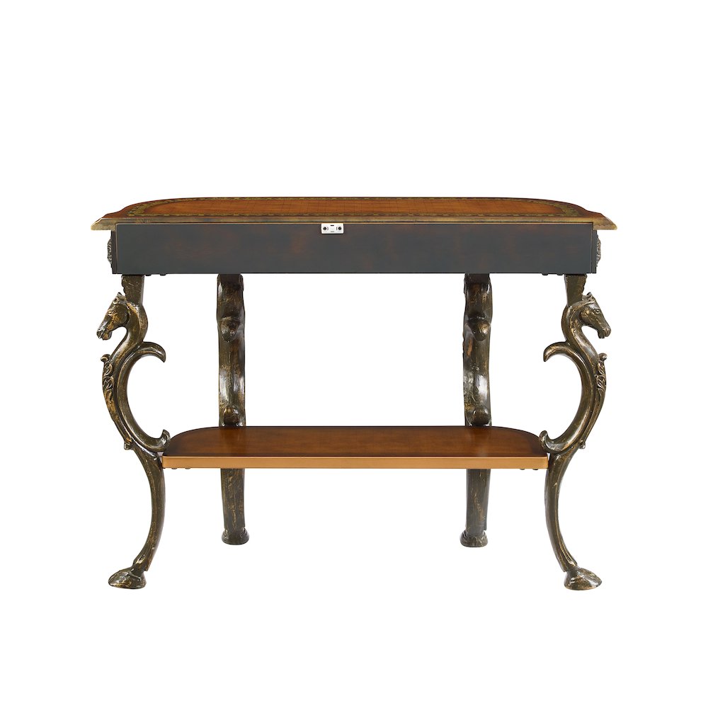Masterpiece Floral Demilune Console Table with Horse head, Hoofed-foot Cast Legs & Display Shelf. Picture 9