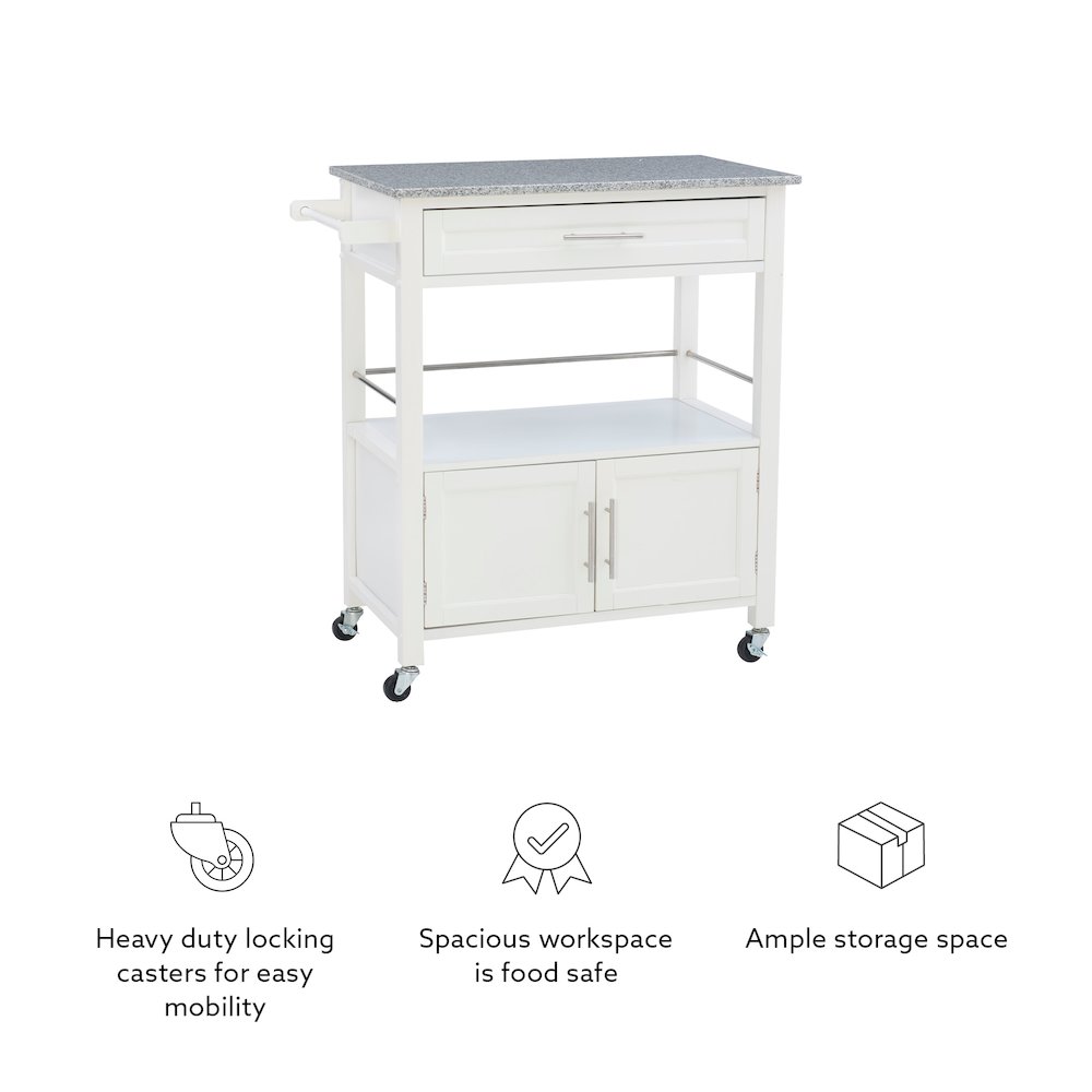 Cameron White Kitchen Cart With Granite Top. Picture 16
