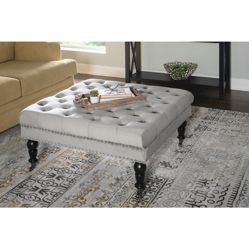Isabelle Gray Velvet Square Tufted Ottoman. Picture 2