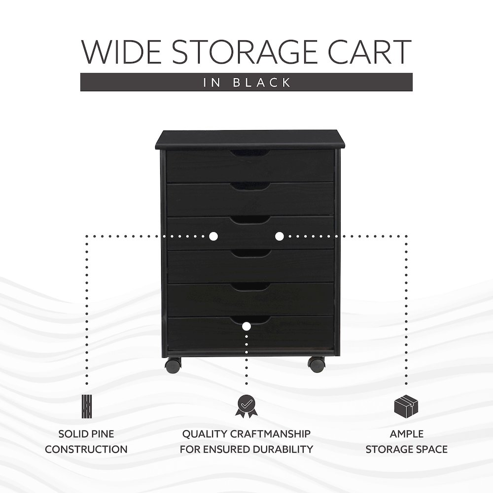 Cary Black Six Drawer Wide Rolling Storage Cart Black. Picture 15