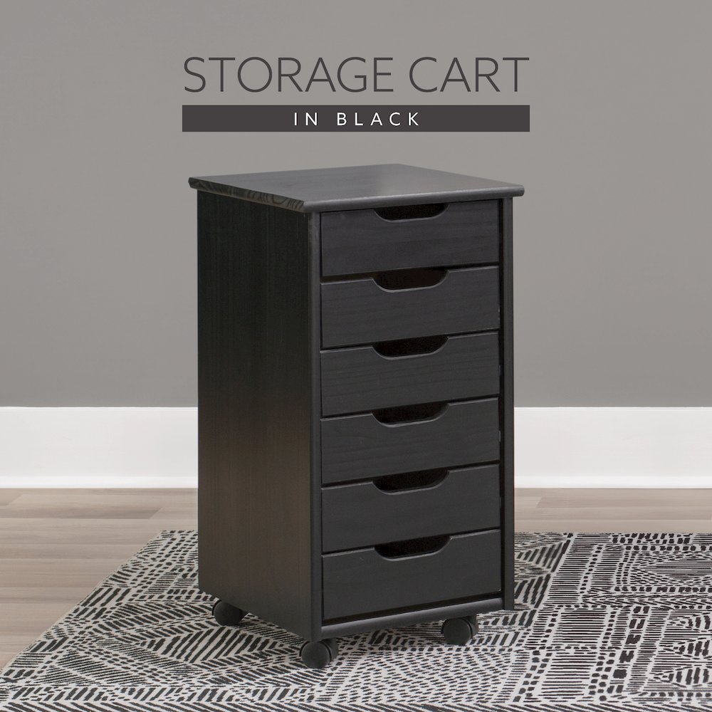Cary Black Six Drawer Rolling Storage Cart Black. Picture 14