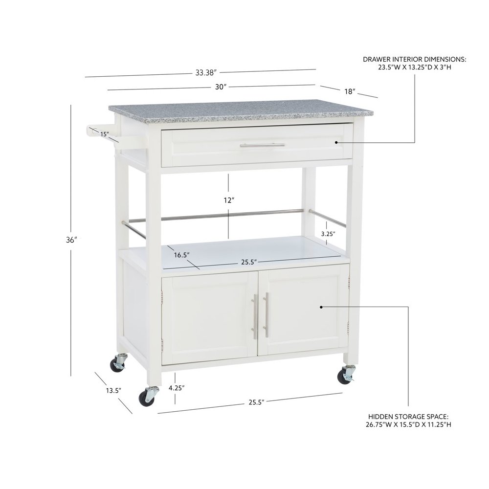 Cameron White Kitchen Cart With Granite Top. Picture 18