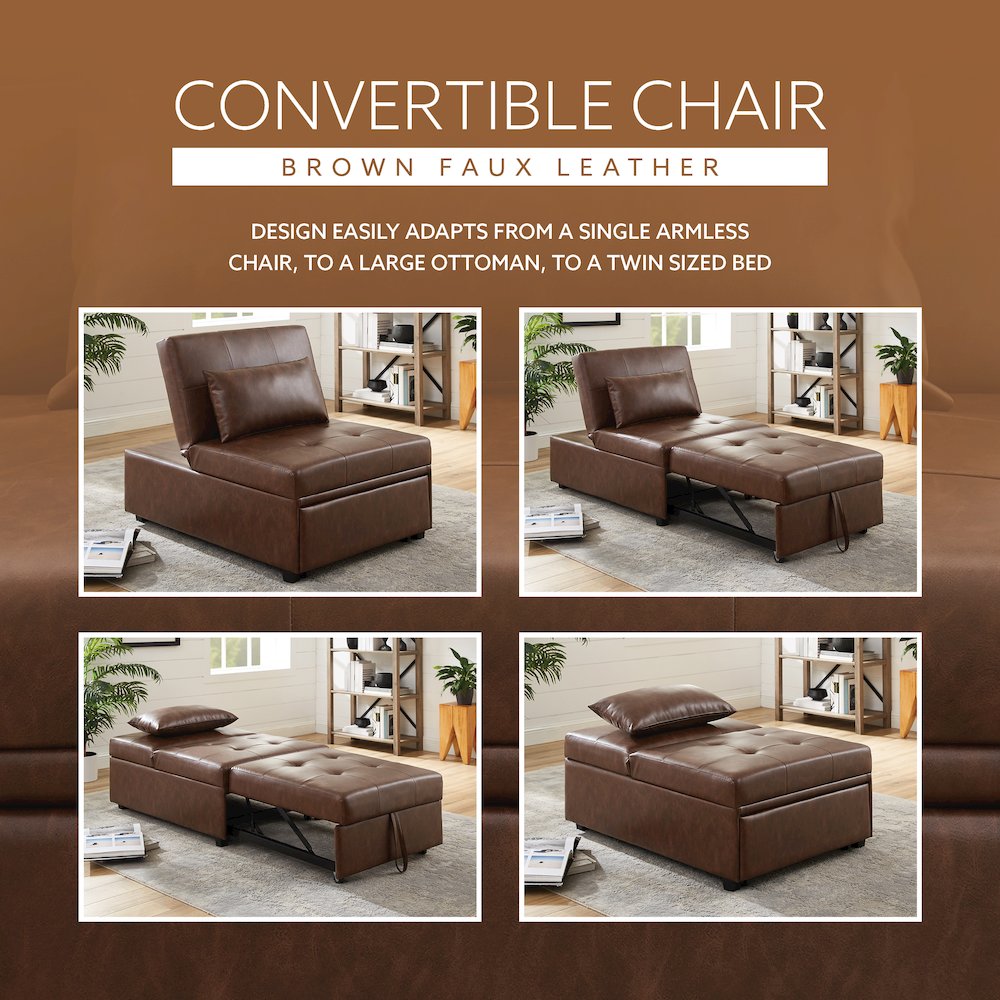 Boone Sofa Bed, Brown Faux Leather. Picture 14