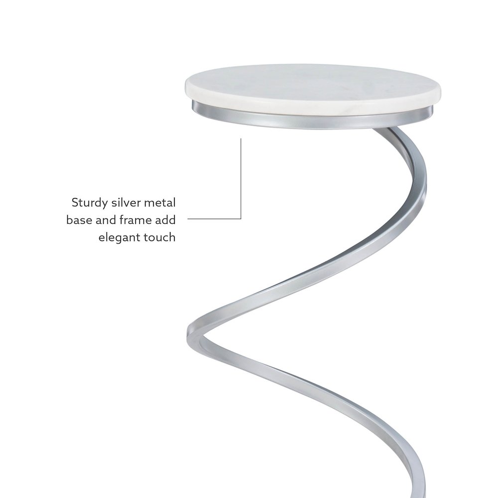 Rian Spiral Drink Table Silver White Marble. Picture 8