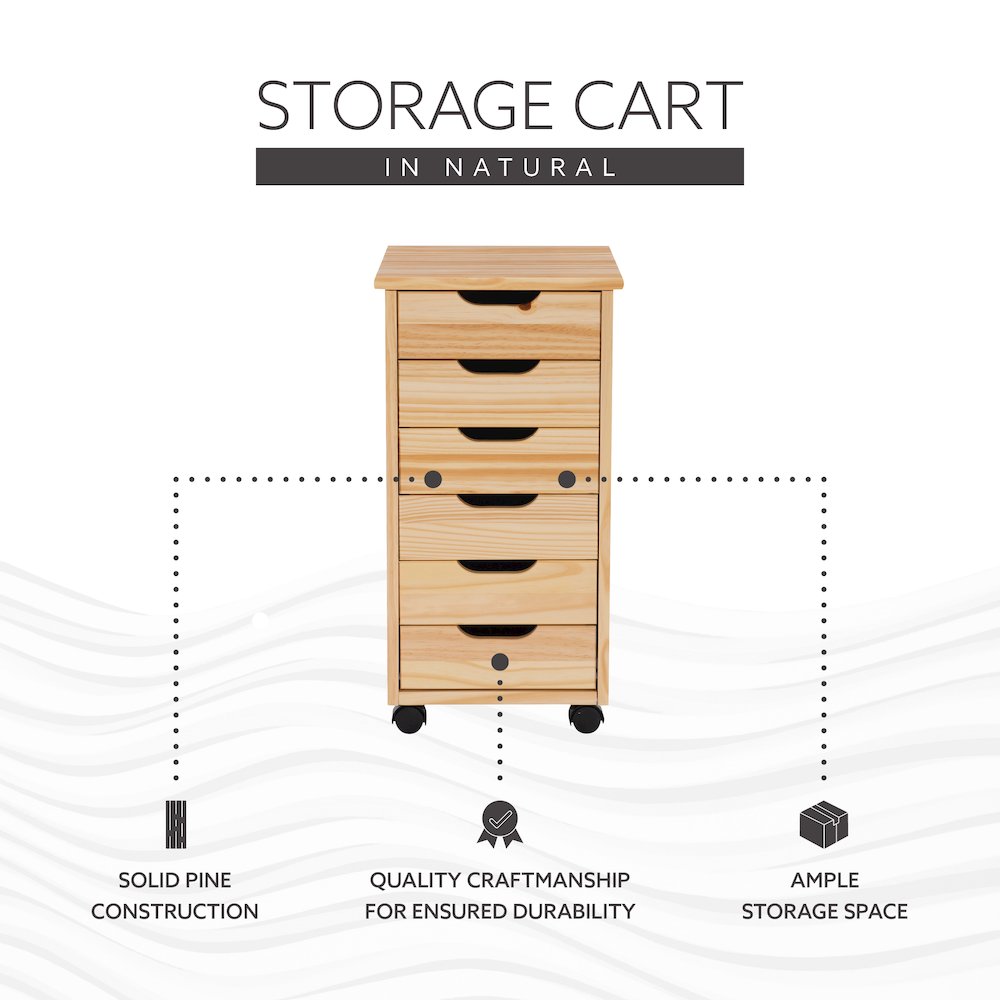 Cary Six Drawer Rolling Storage Cart, Natural. Picture 15