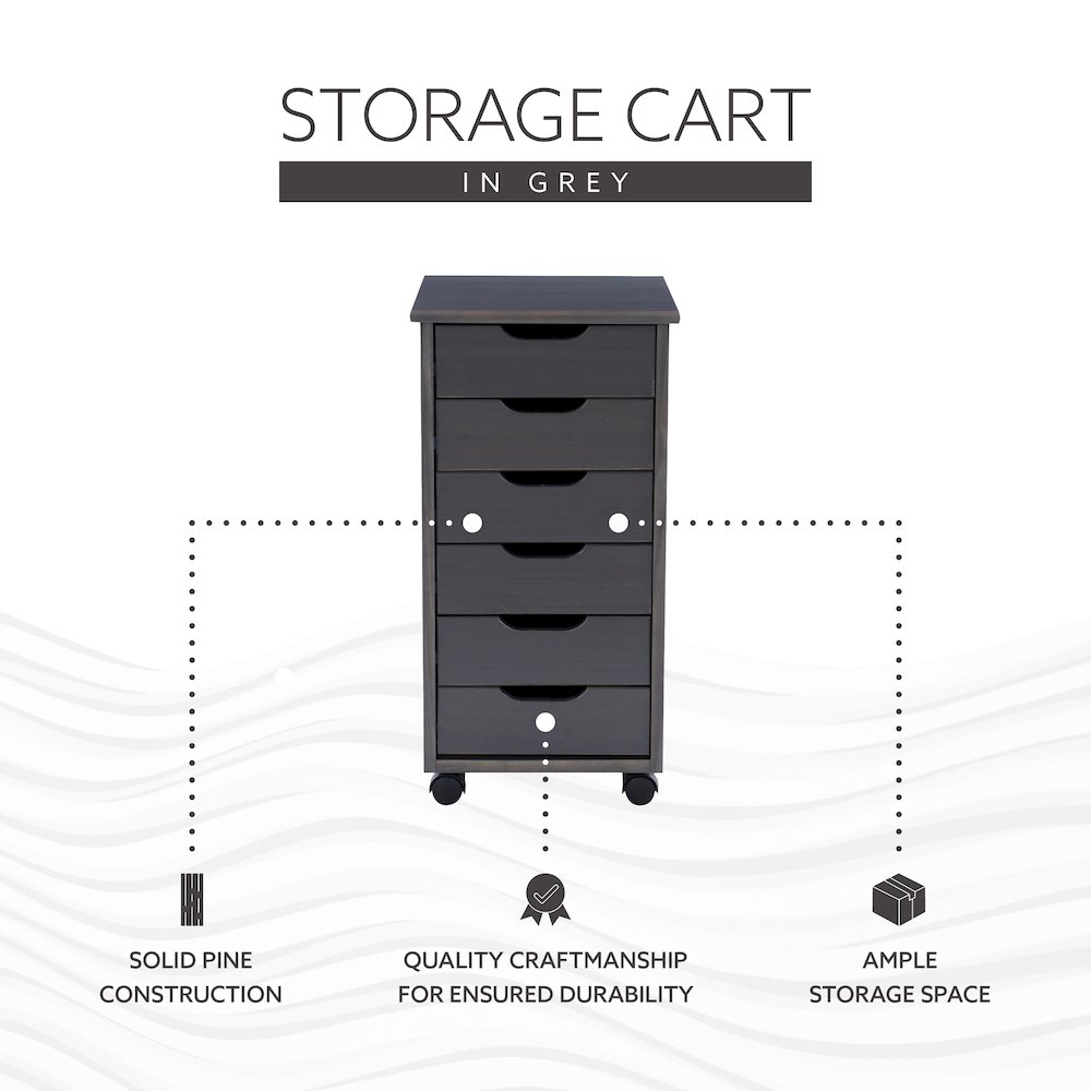 Cary Six Drawer Rolling Storage Cart, Grey. Picture 13