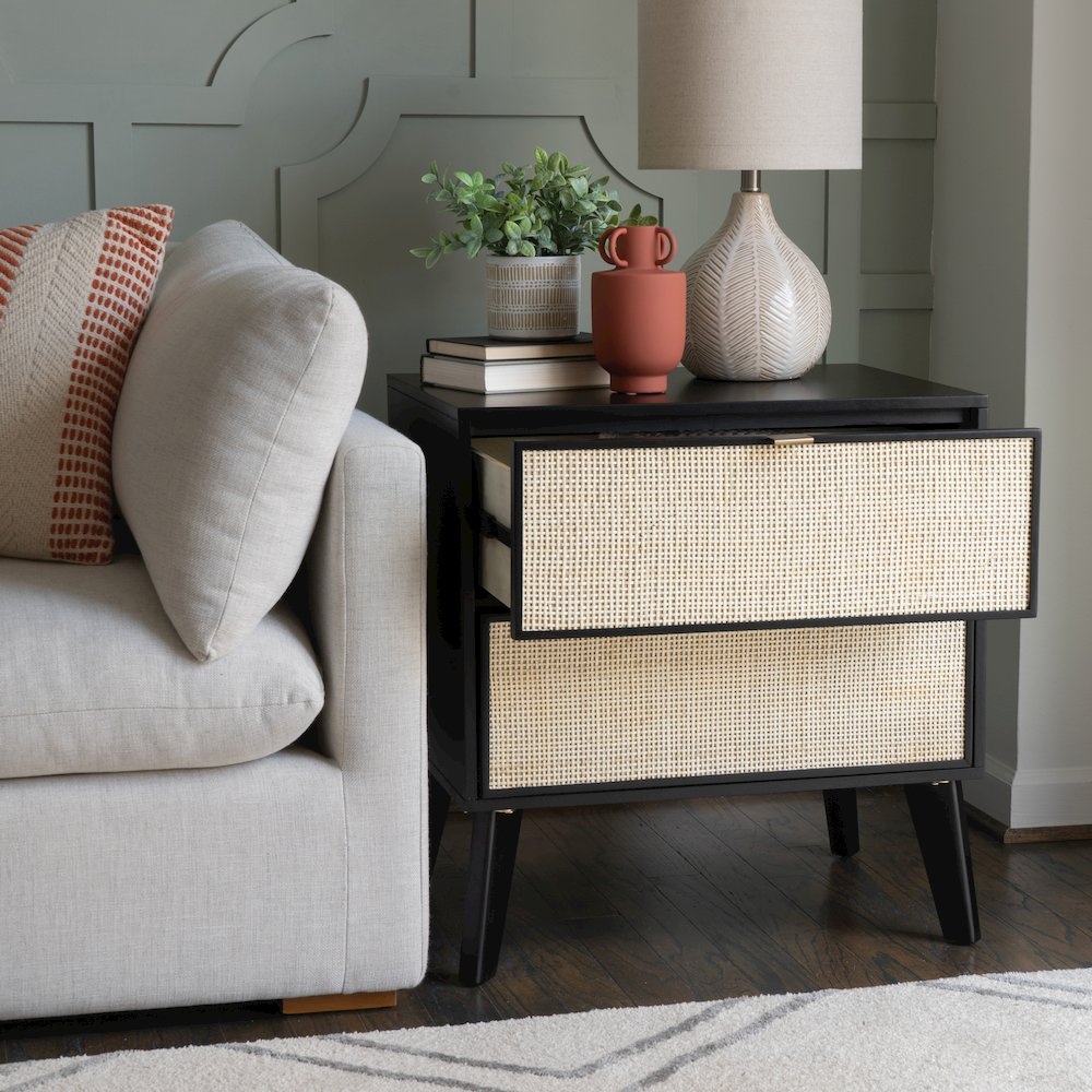 Collett Cane 2 Drawer Nightstand Black. Picture 5