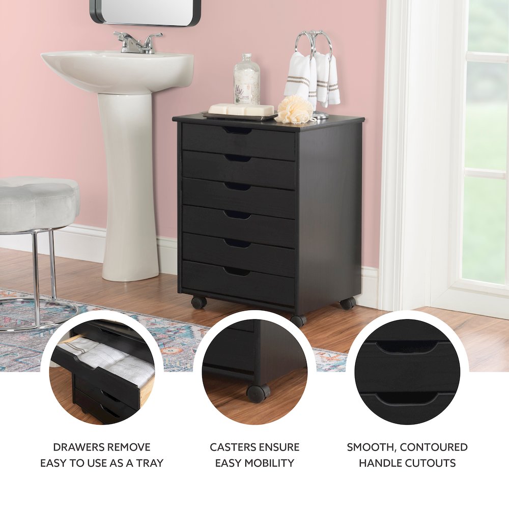 Cary Black Six Drawer Wide Rolling Storage Cart Black. Picture 13