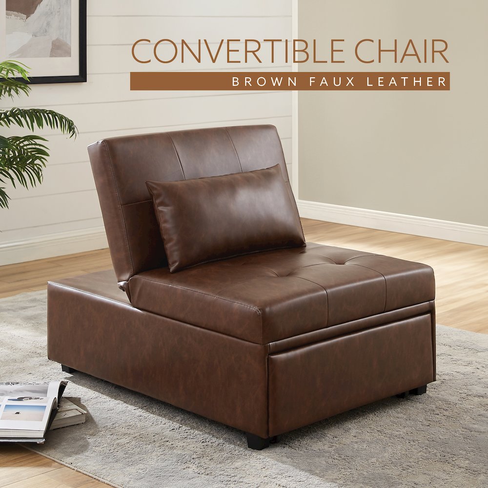 Boone Sofa Bed, Brown Faux Leather. Picture 13