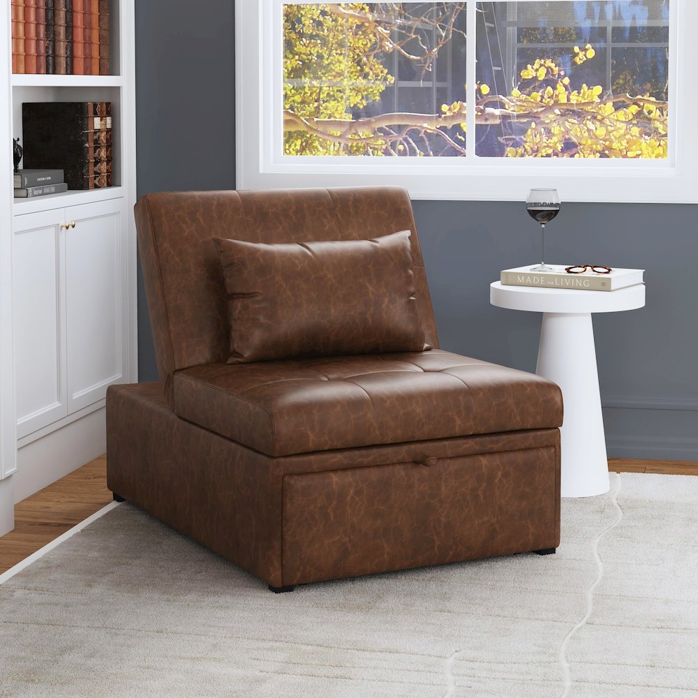 Boone Sofa Bed, Brown Faux Leather. Picture 4