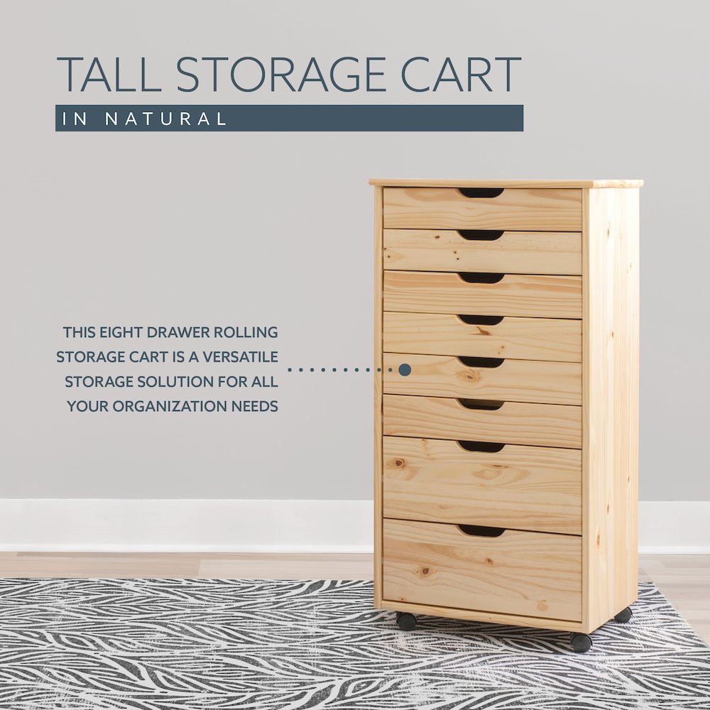 Cary Eight Drawer Rolling Storage Cart, Natural. Picture 12