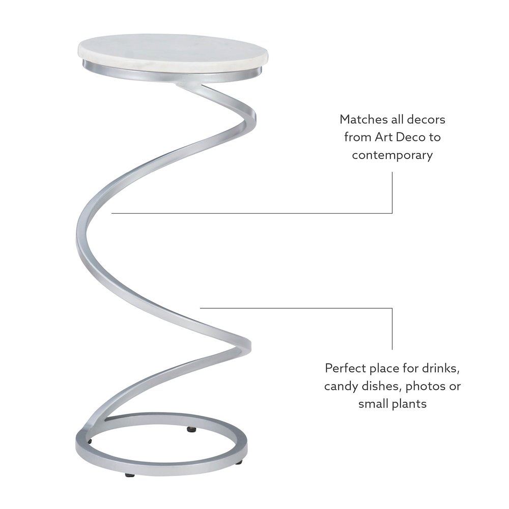 Rian Spiral Drink Table Silver White Marble. Picture 7