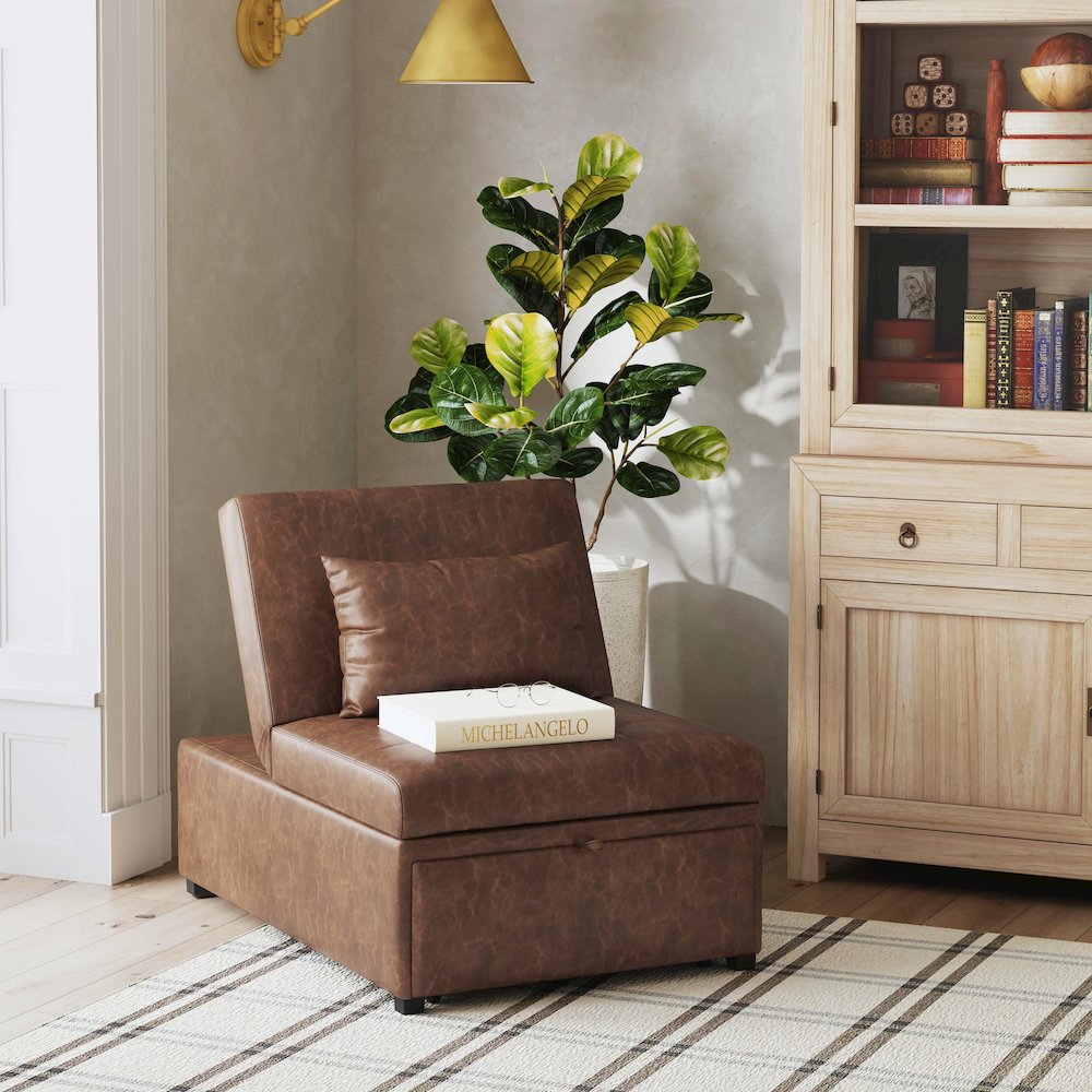 Boone Sofa Bed, Brown Faux Leather. Picture 3