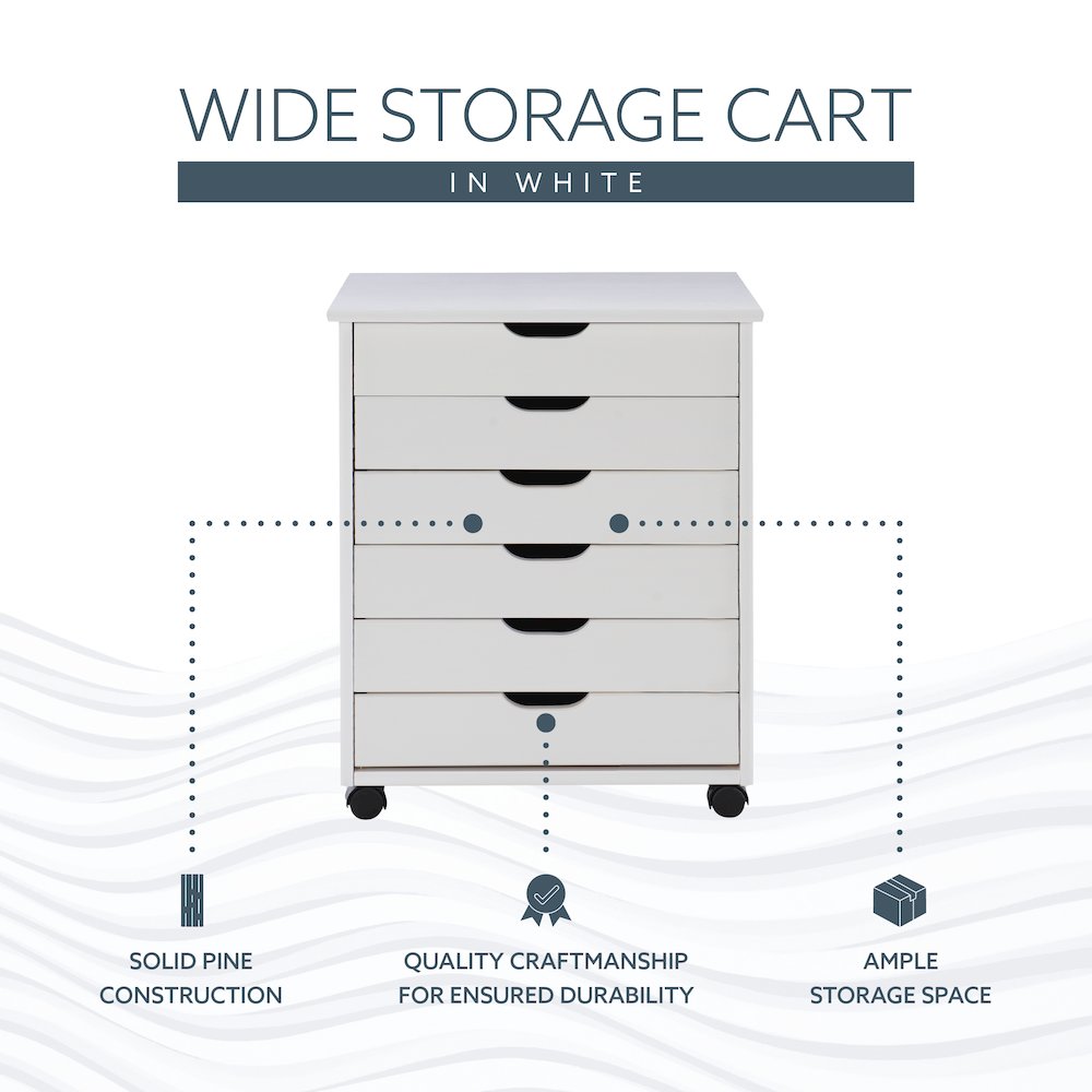 Cary Six Drawer Wide Roll Cart, White Wash. Picture 15