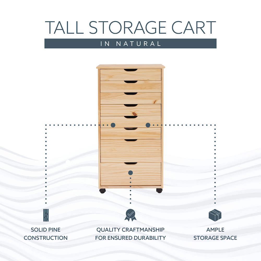 Cary Eight Drawer Rolling Storage Cart, Natural. Picture 15