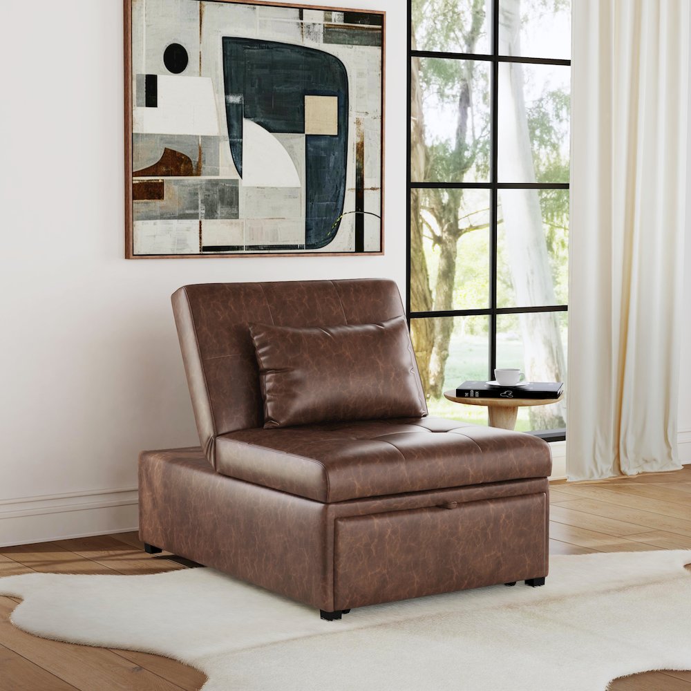 Boone Sofa Bed, Brown Faux Leather. Picture 5
