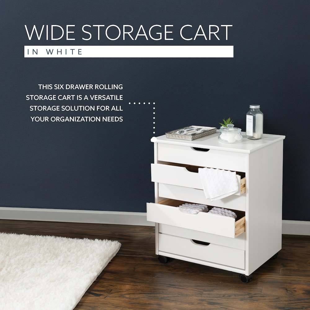 Cary Six Drawer Wide Roll Cart, White Wash. Picture 12