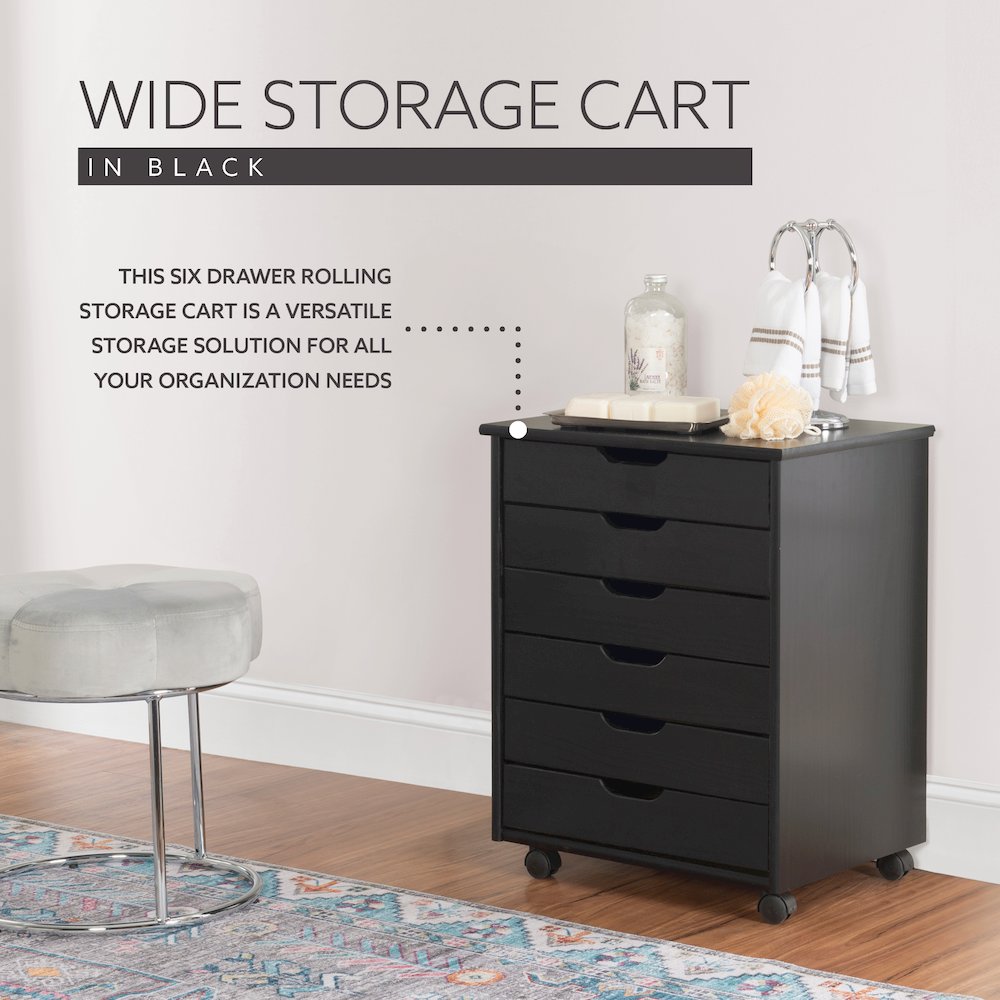 Cary Black Six Drawer Wide Rolling Storage Cart Black. Picture 12