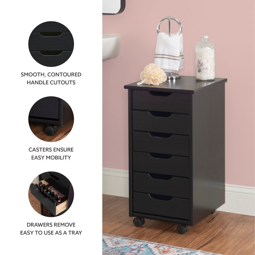 Cary Black Six Drawer Rolling Storage Cart Black. Picture 15