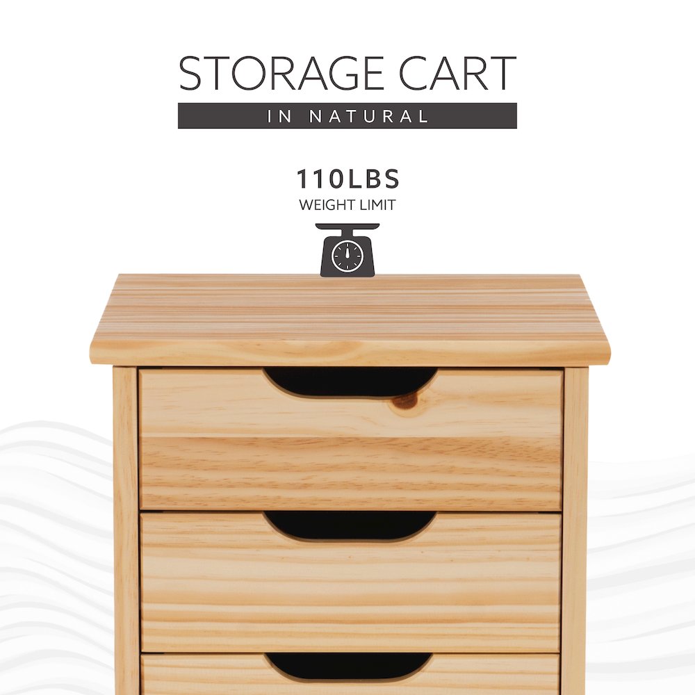 Cary Six Drawer Rolling Storage Cart, Natural. Picture 16