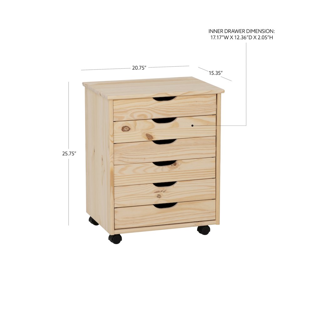 Cary Six Drawer Wide Roll Cart, Natural. Picture 17