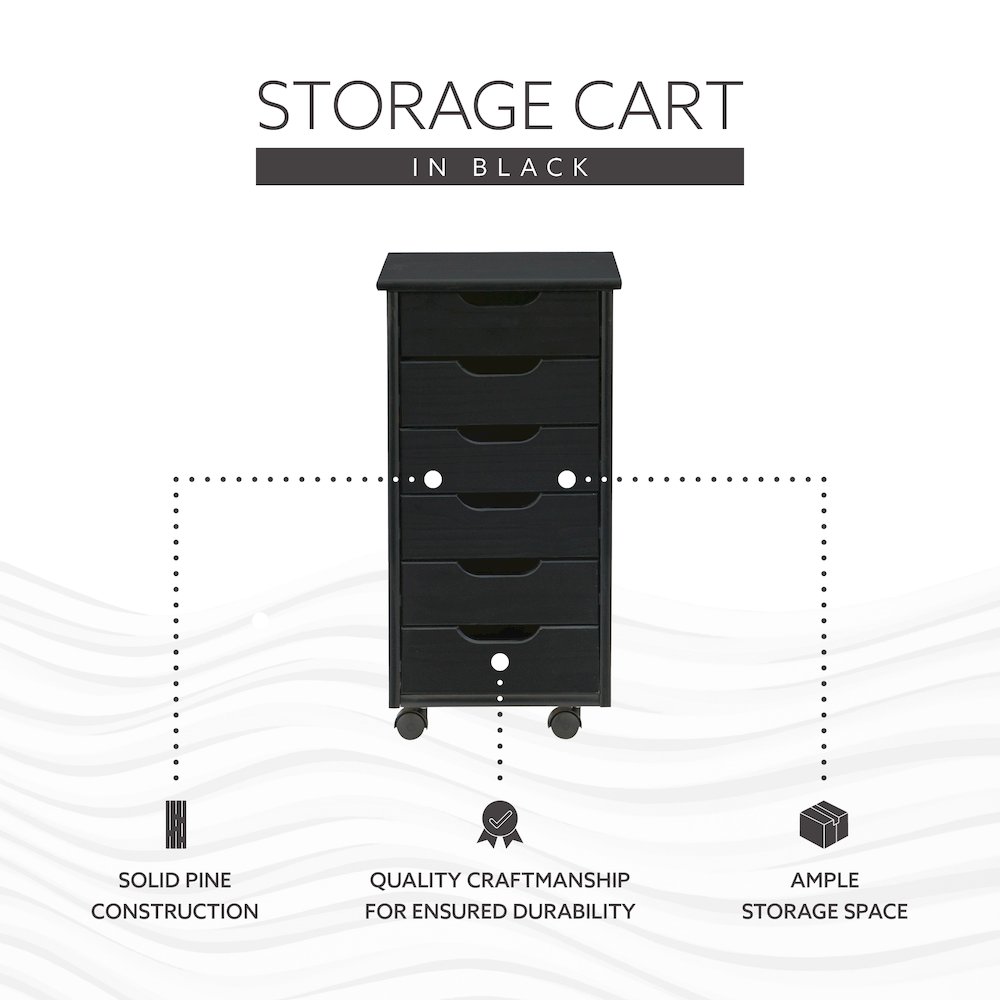 Cary Black Six Drawer Rolling Storage Cart Black. Picture 17