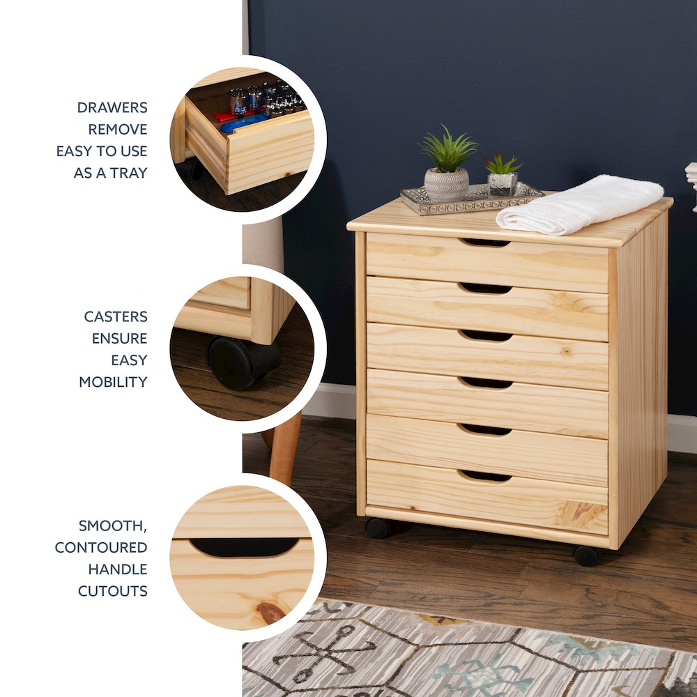 Cary Six Drawer Wide Roll Cart, Natural. Picture 13