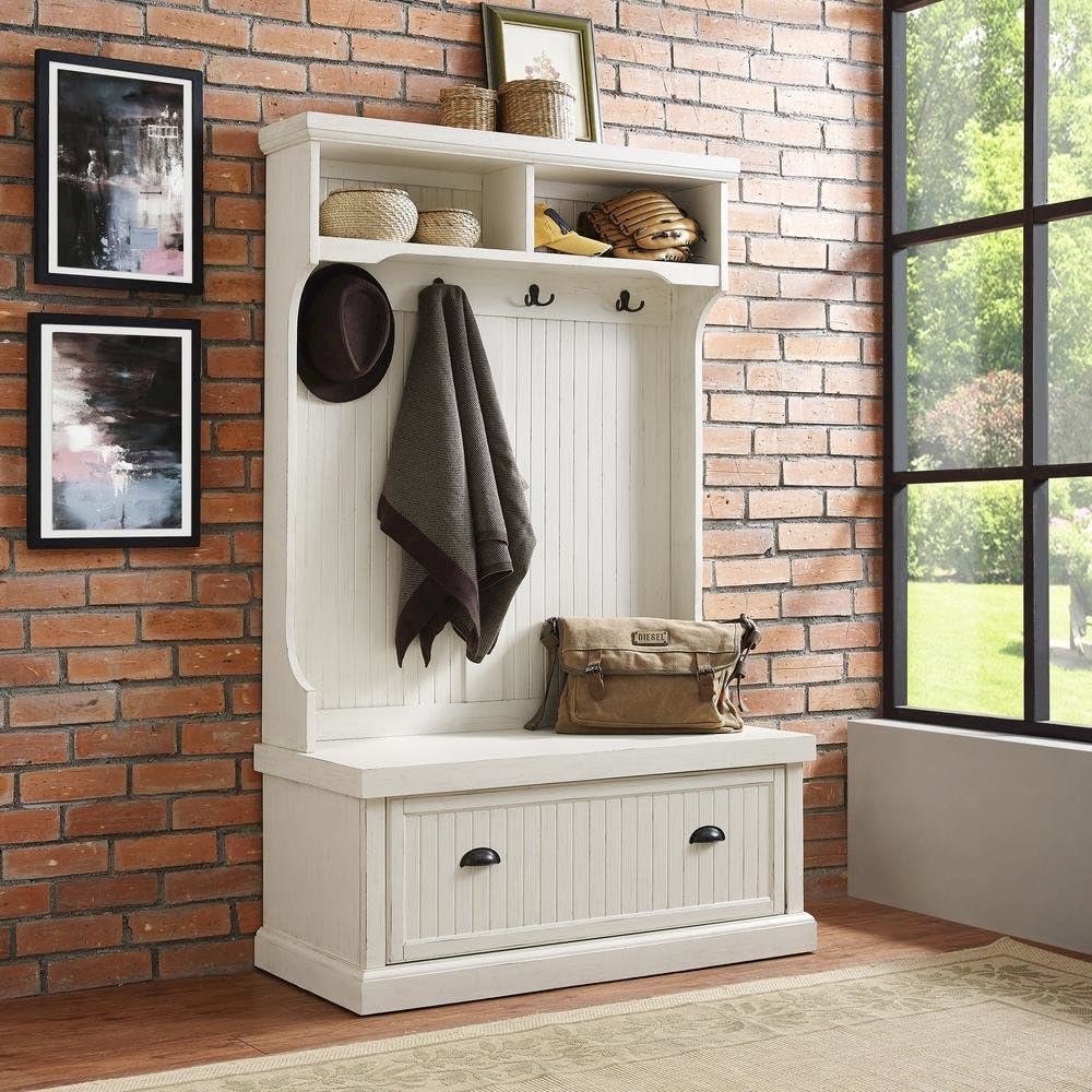 Distressed White Hall Tree with Anti-Tip Hardware and Sturdy Construction. Picture 2