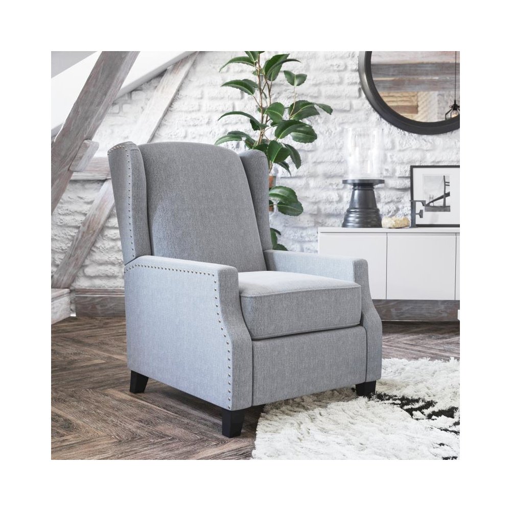 Traditional Style Slim Push Back Recliner Chair-Wingback Recliner with Gray Polyester Fabric Upholstery-Accent Nail Trim. Picture 2