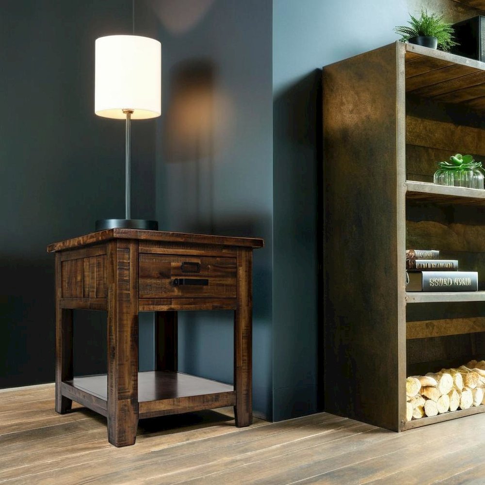 Gray Distressed Industrial End Table with Acacia and MDF Construction. Picture 5