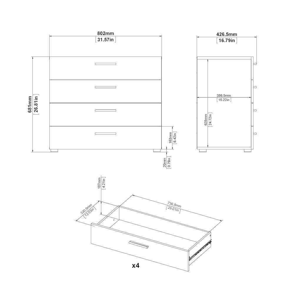 Austin 4 Drawer Chest, Oak Structure/White High Gloss. Picture 7
