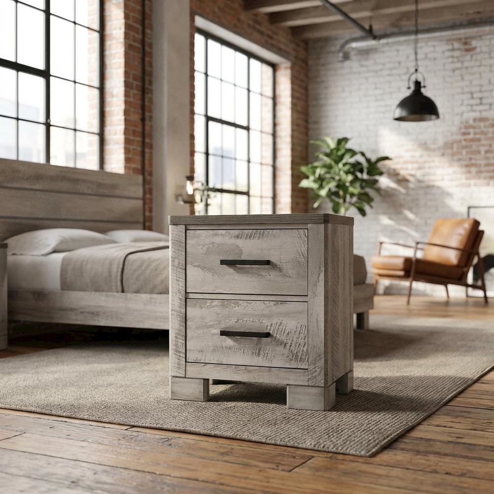Gray 2-Drawer Wood Nightstand with Metal Handles. Picture 2