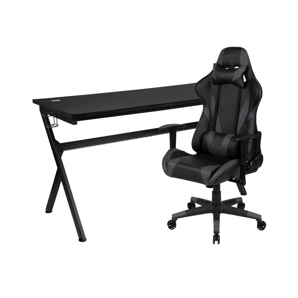 Gaming Desk and Gray/Black Reclining Gaming Chair Set /Cup Holder/Headphone Hook/Removable Mouse Pad Top - Wire Management. Picture 1