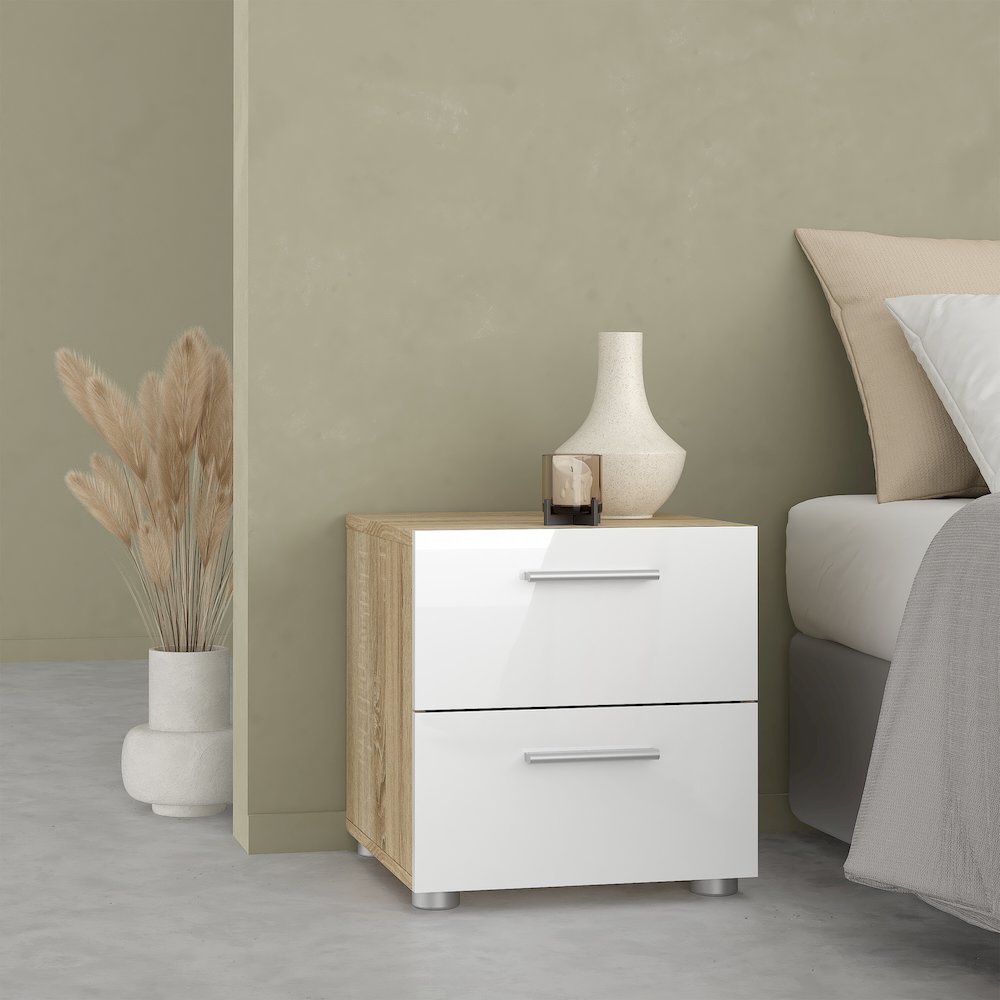Austin 2 Drawer Nightstand - Set of 2, Oak/White High Gloss. Picture 3